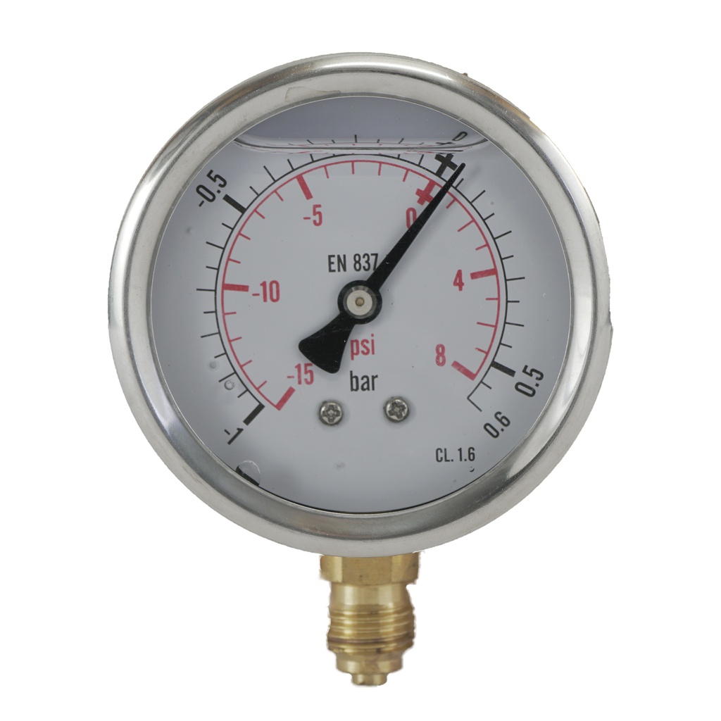 -1..0.6 Bar (-15..9 psi) Glycerin Pressure Gauge Below Stainless steel/Brass 63 mm Class 1.6