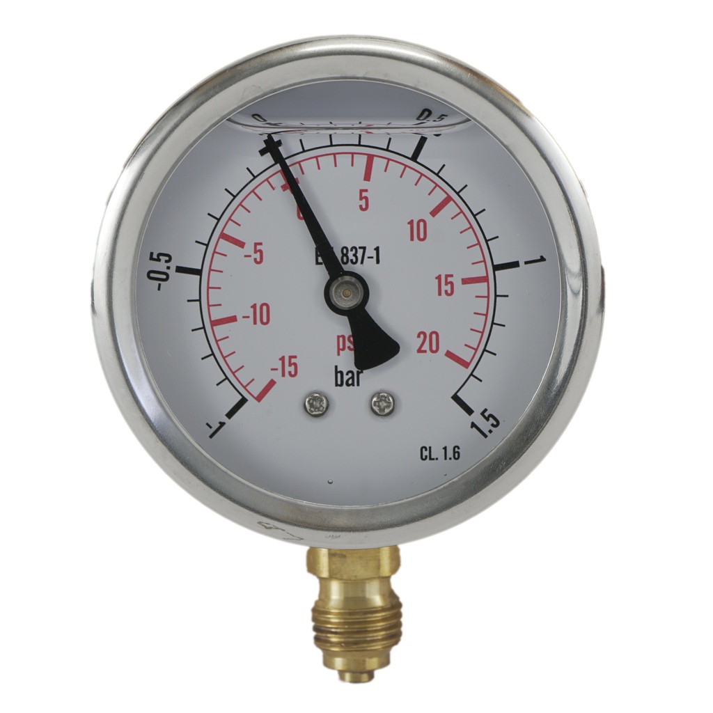 -1..1.5 Bar (-15..22 psi) Glycerin Pressure Gauge Below Stainless steel/Brass 63 mm Class 1.6