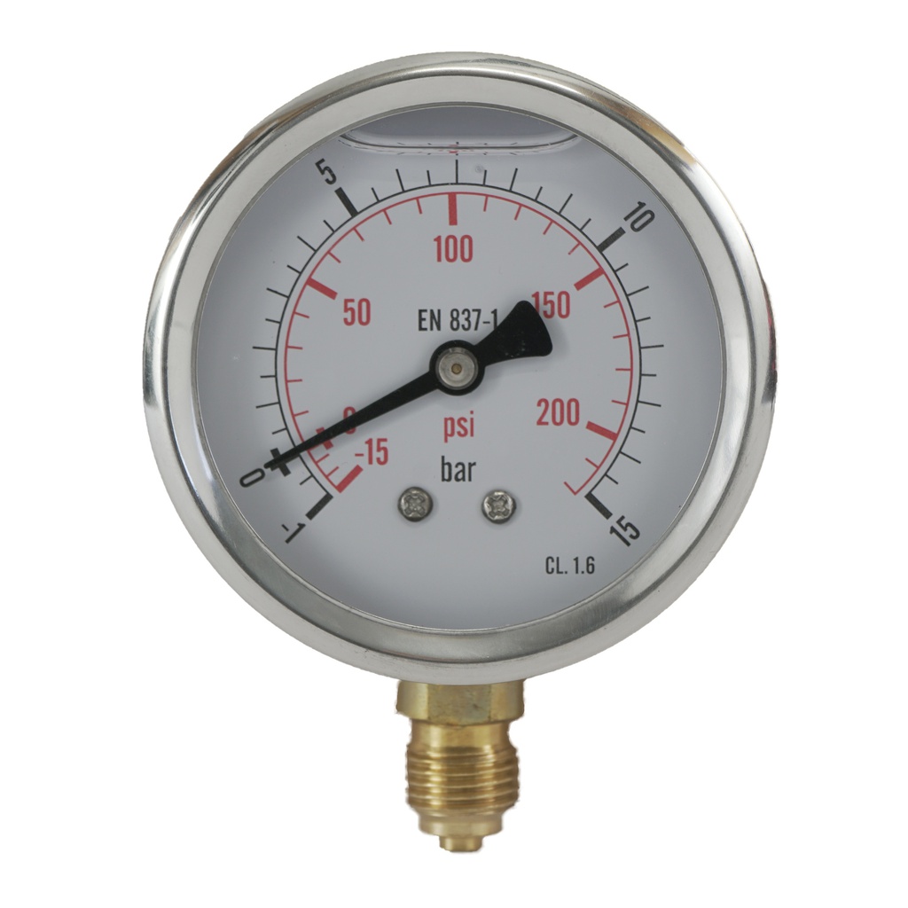 -1..15 Bar (-15..218 psi) Glycerin Pressure Gauge Below Stainless steel/Brass 63 mm Class 1.6