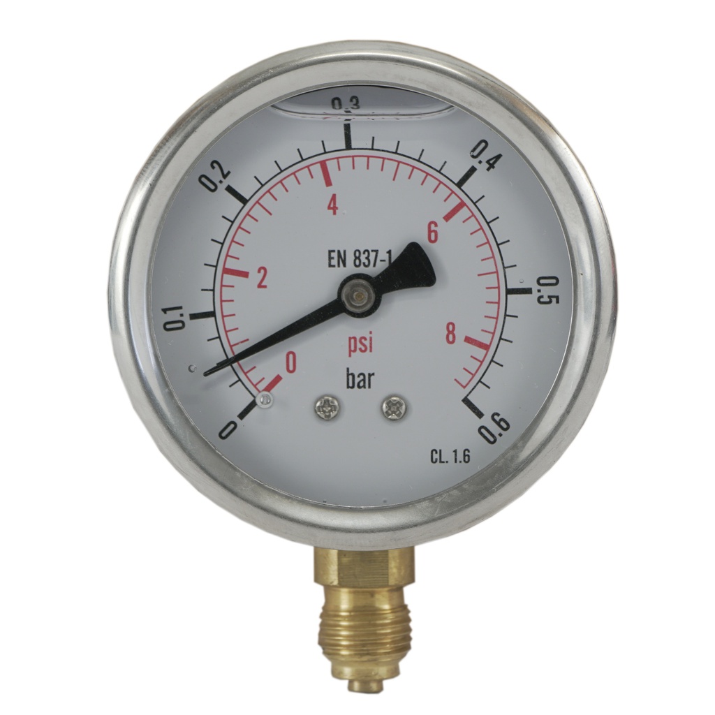 0..0.6 Bar (0..9 psi) Glycerin Pressure Gauge Below Stainless steel/Brass 63 mm Class 1.6