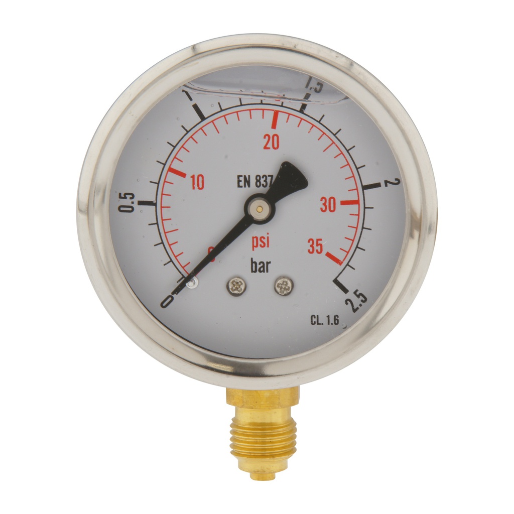 0..2,5 Bar (0..36 psi) Glyzerin-Manometer unten Edelstahl/Messing 63 mm Klasse 1.6