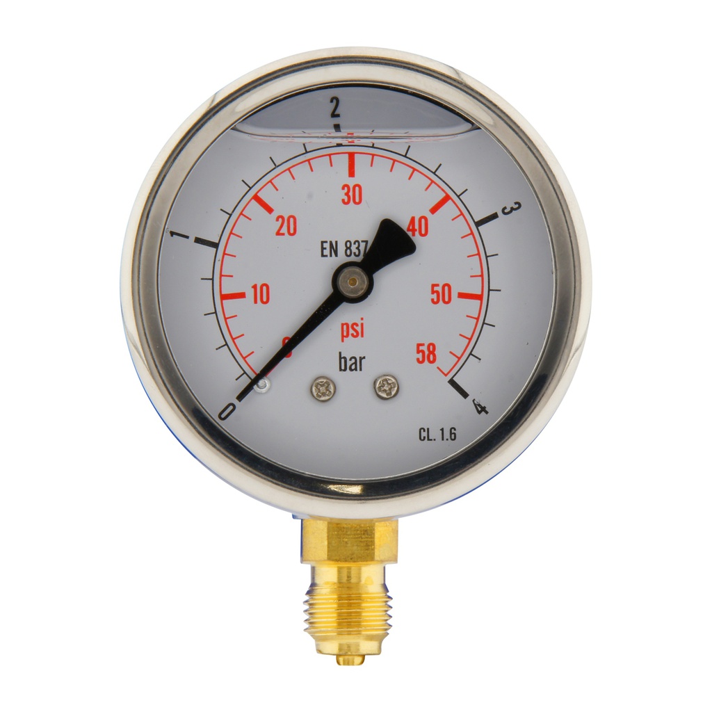 0..4 Bar (0..58 psi) Glycerin Pressure Gauge Below Stainless steel/Brass 63 mm Class 1.6