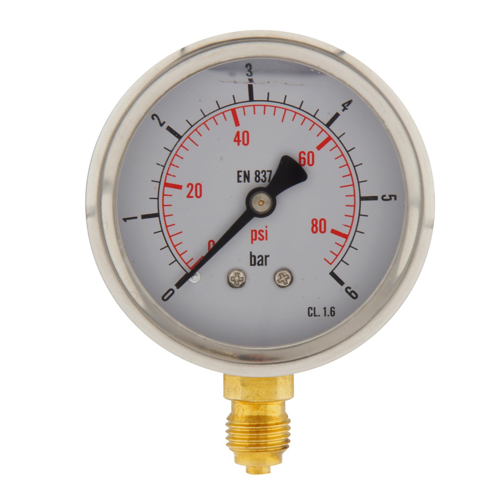 0..6 Bar (0..87 psi) Glycerin Pressure Gauge Below Stainless steel/Brass 63 mm Class 1.6