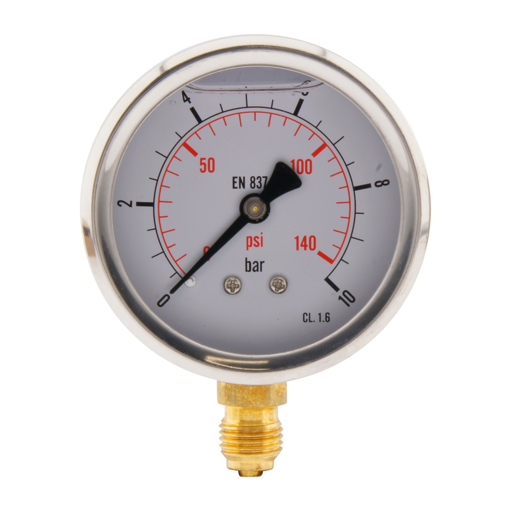 0..10 Bar (0..145 psi) Manomètre à glycérine inférieur Acier inoxydable/laiton 63 mm Classe 1.6