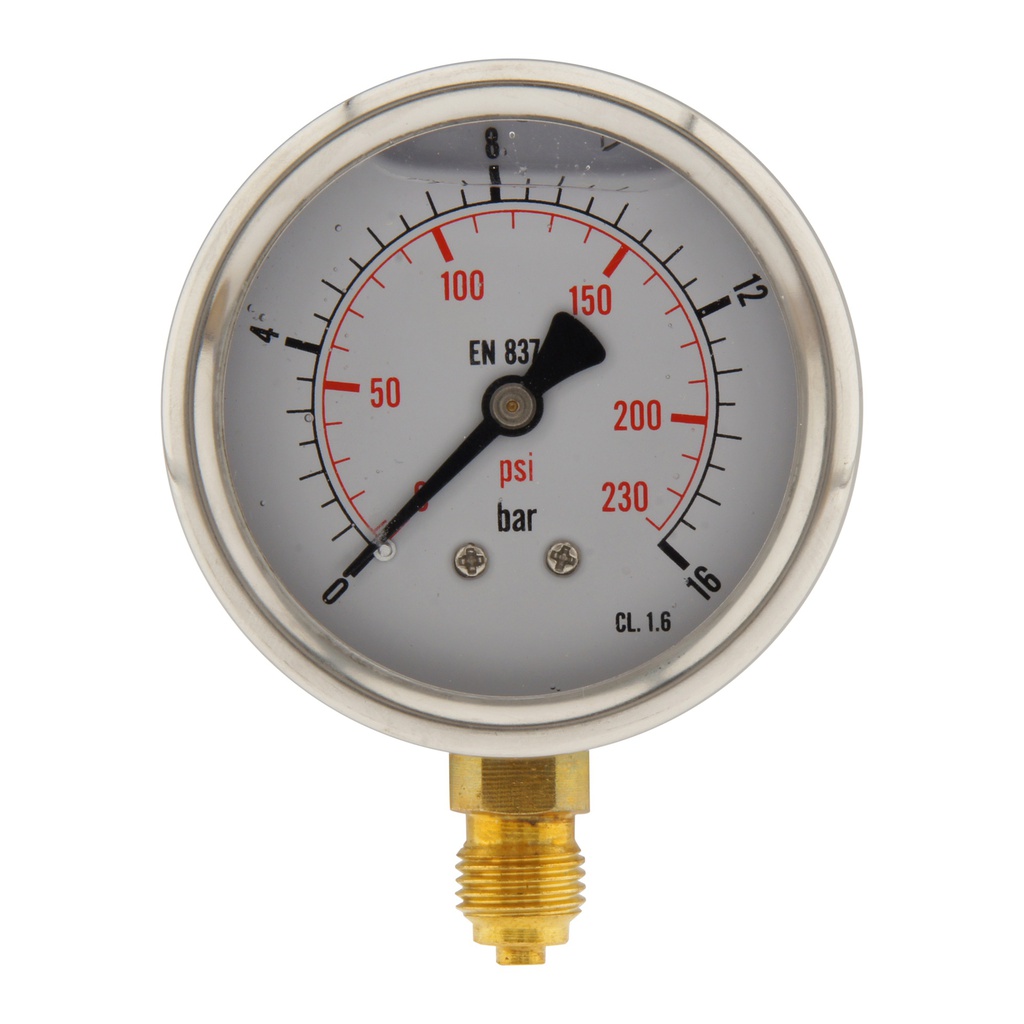 0..16 Bar (0..232 psi) Glycerin Pressure Gauge Below Stainless steel/Brass 63 mm Class 1.6