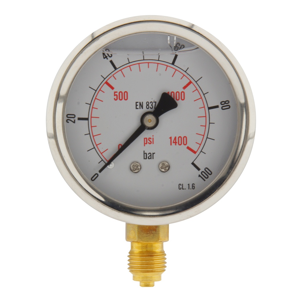 0..100 Bar (0..1450 psi) Glycerin Pressure Gauge Below Stainless steel/Brass 63 mm Class 1.6