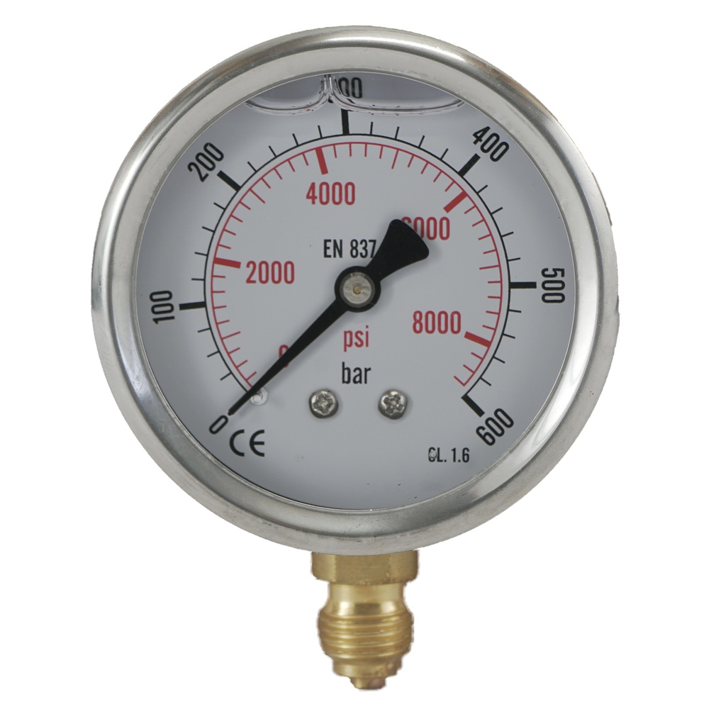 0..600 Bar (0..8702 psi) Glycerin Pressure Gauge Below Stainless steel/Brass 63 mm Class 1.6