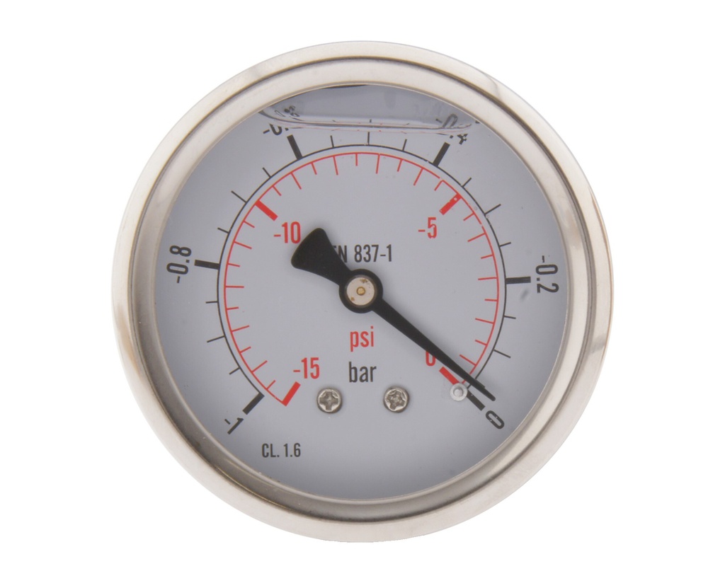 -1..0 Bar (-15..0 psi) Glycerin Pressure Gauge Rear Stainless steel/Brass 63 mm Class 1.6