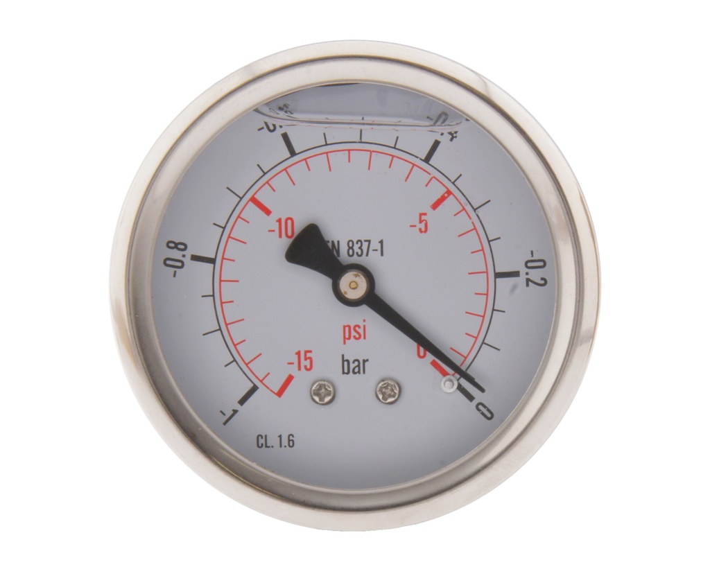 -1..0 Bar (-15..0 psi) Manomètre à glycérine Arrière Acier inoxydable/laiton 63 mm Classe 1.6