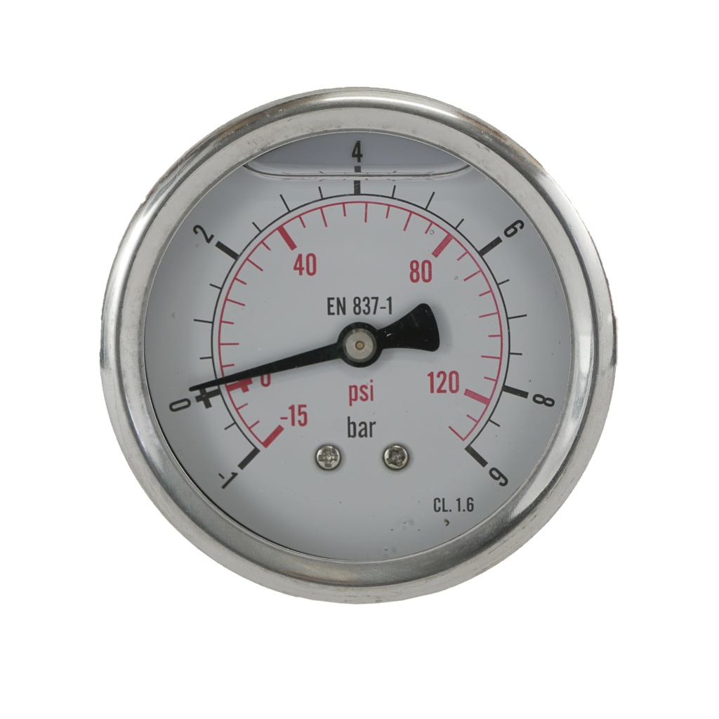 -1..9 Bar (-15..131 psi) Glycerin Pressure Gauge Rear Stainless steel/Brass 63 mm Class 1.6