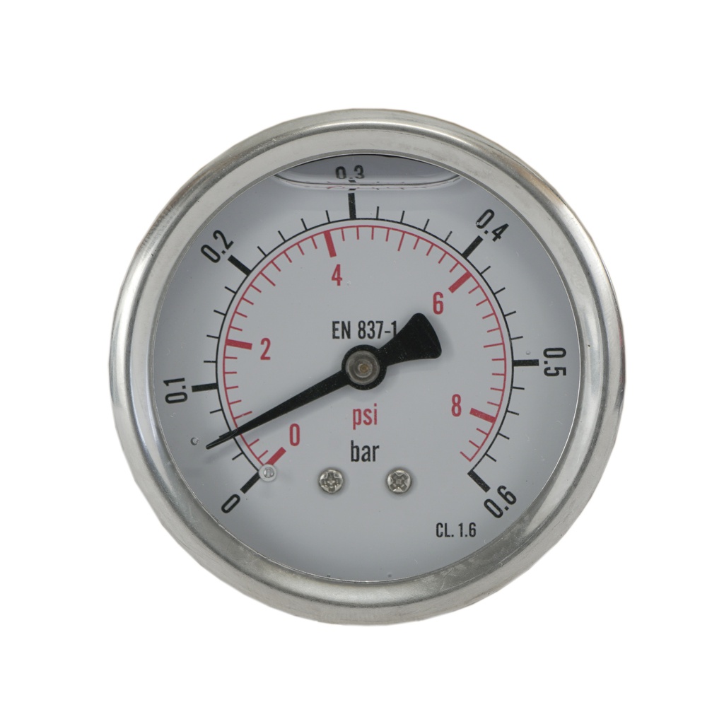 0..0.6 Bar (0..9 psi) Glycerin Pressure Gauge Rear Stainless steel/Brass 63 mm Class 1.6