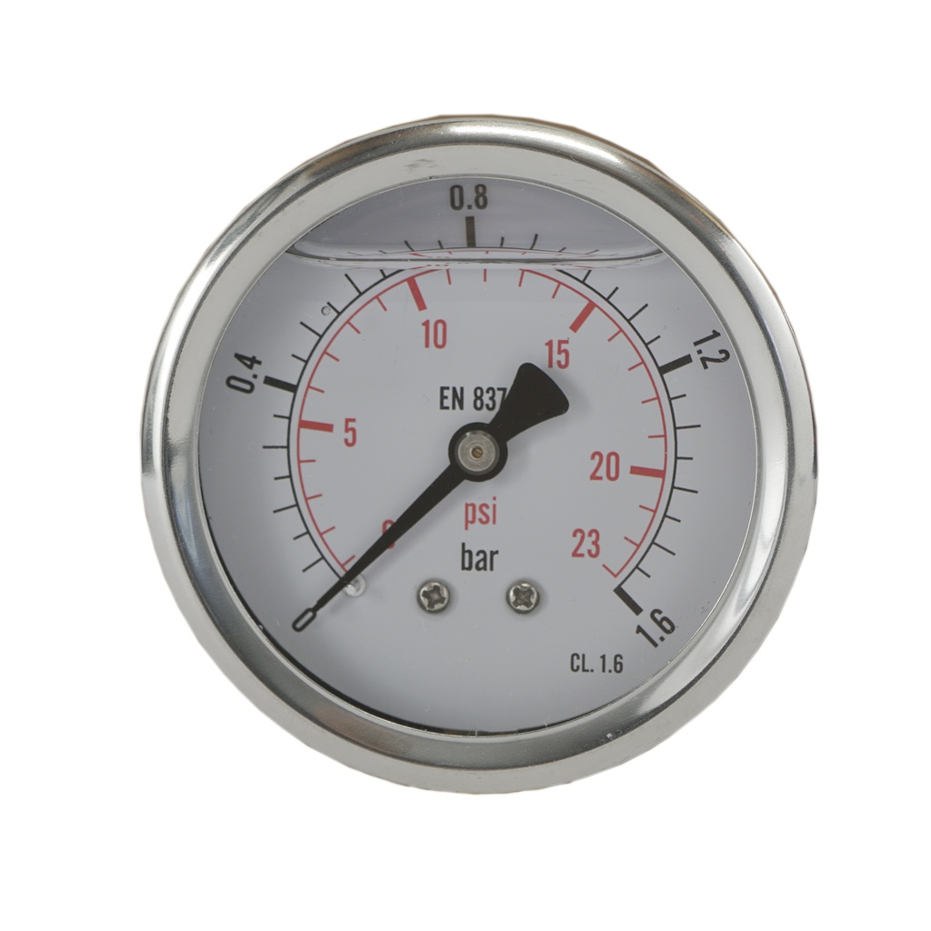 0..1.6 Bar (0..23 psi) Glycerin Pressure Gauge Rear Stainless steel/Brass 63 mm Class 1.6