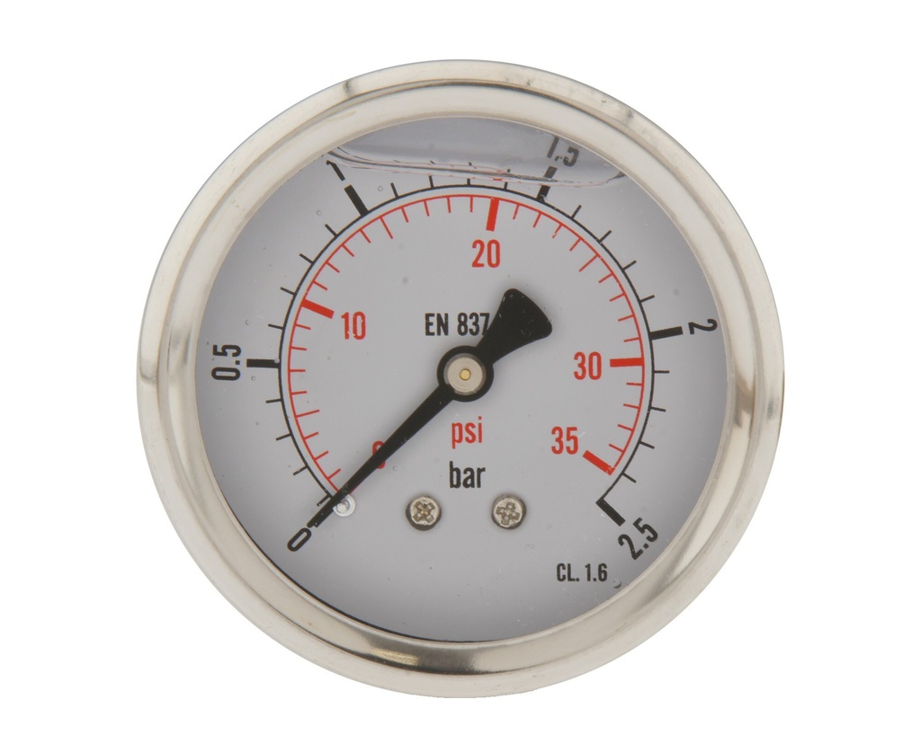 0..2.5 Bar (0..36 psi) Glycerin Pressure Gauge Rear Stainless steel/Brass 63 mm Class 1.6