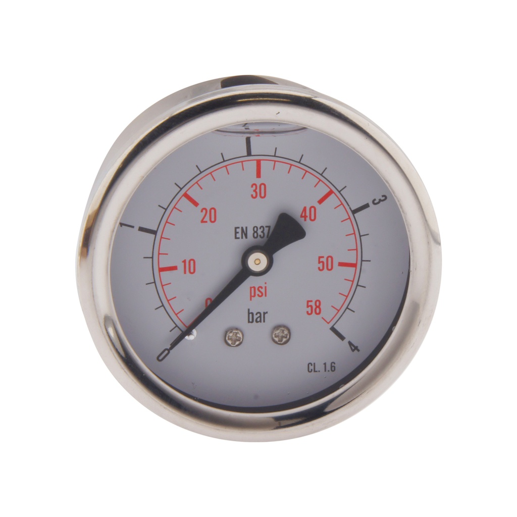 0..4 Bar (0..58 psi) Glycerin Pressure Gauge Rear Stainless steel/Brass 63 mm Class 1.6