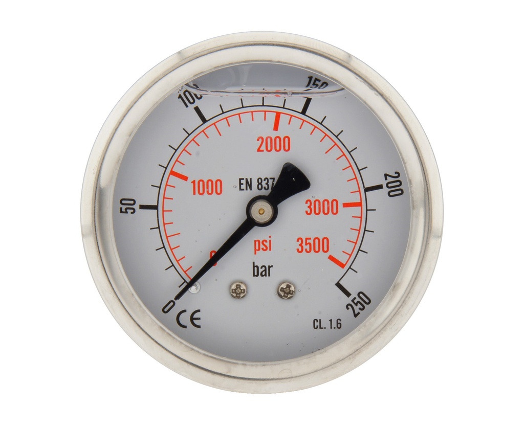 0..250 Bar (0..3626 psi) Glyzerin-Manometer Rückseite Edelstahl/Messing 63 mm Klasse 1.6