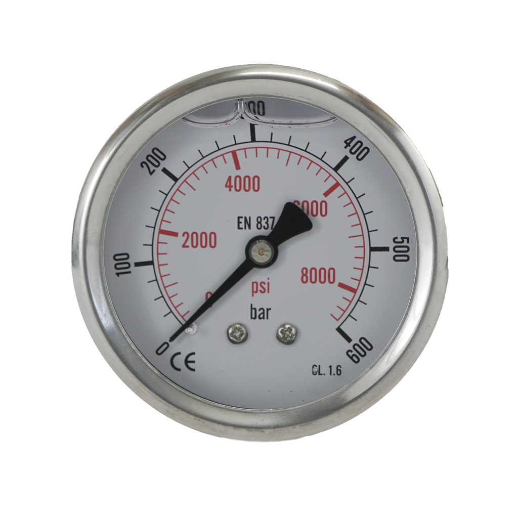 0..600 Bar (0..8702 psi) Glycerin Pressure Gauge Rear Stainless steel/Brass 63 mm Class 1.6