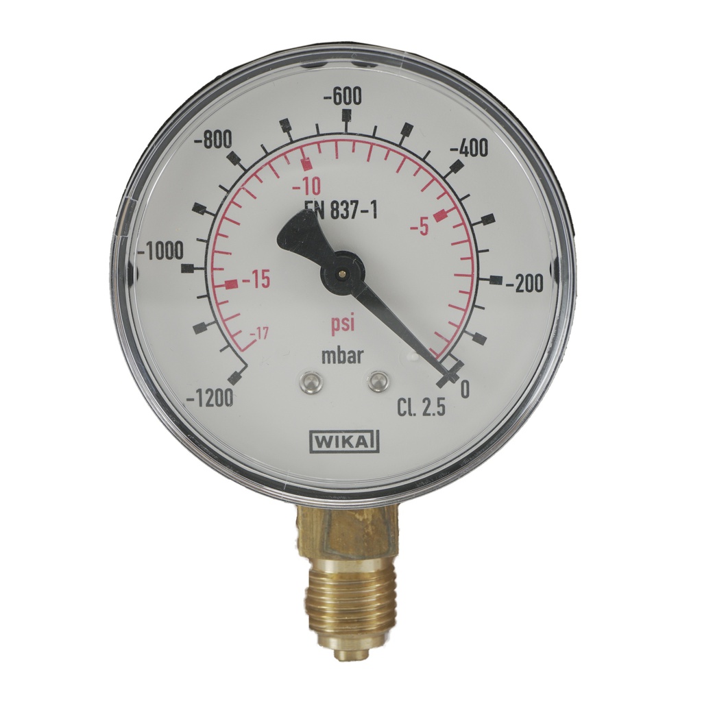 -1.2..0 Bar (-17..0 psi) Pressure Gauge Below Plastic/Brass 63 mm Class 2.5