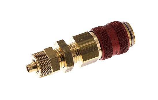 Brass DN 5 Red Air Coupling Socket 4x6 mm Union Nut Bulkhead Double Shut-Off