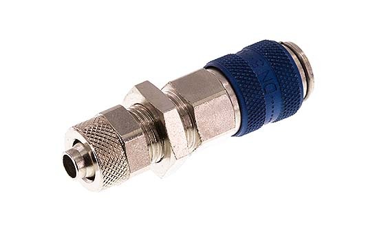 Messing vernickelt DN 5 Blau Luftkupplungsmuffe 6x8 mm Überwurfmutter Bulkhead Doppelabsperrung