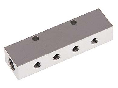 2xG 1/2'' x 4xG 1/4'' Aluminium Verdeelblok Eenzijdig 16 Bar