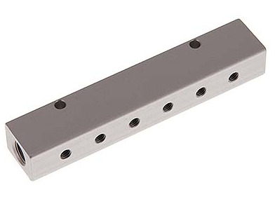 2xG 1/2'' x 6xG 1/4'' Aluminium Verdeelblok Eenzijdig 16 Bar