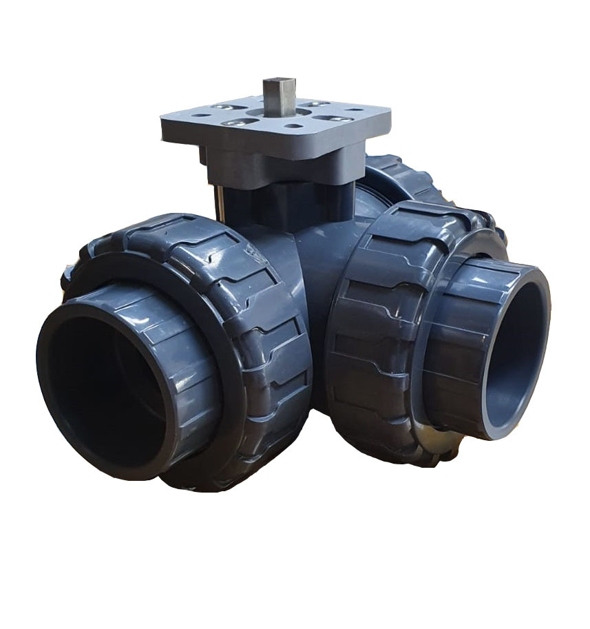 Solvent Socket 32 mm L-bore 3-Way PVC Ball Valve ISO-Top 10 bar PTFE/FKM