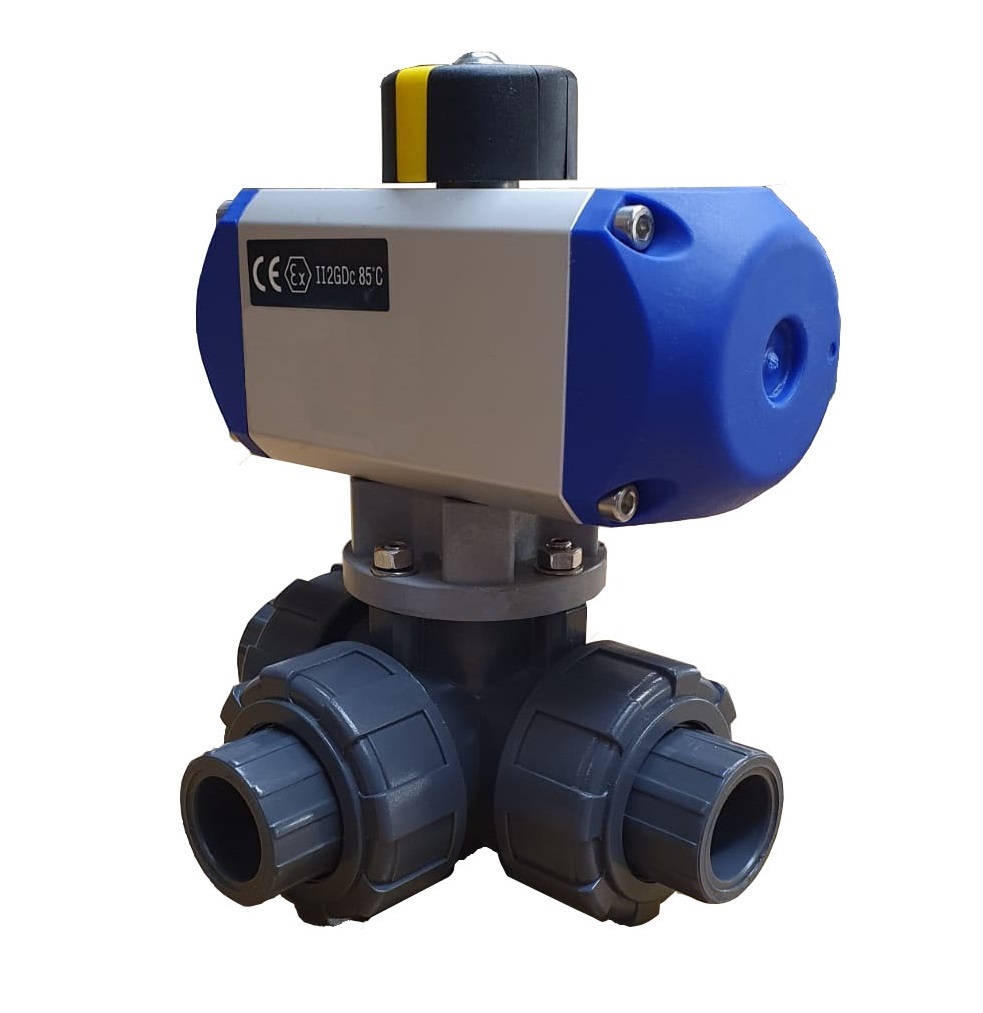 20mm L-bore 3-Way PVC Pneumatic Ball Valve Double Acting PTFE