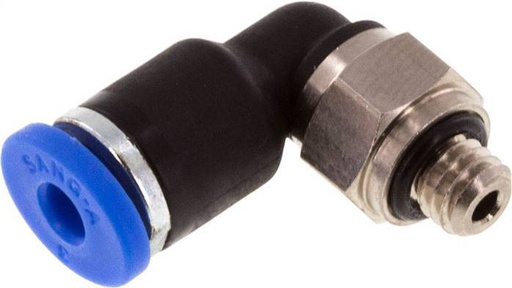 [F24YN] Racor rápido de 3mm x M 5 90deg con rosca macho Latón/PA 66 NBR Manguito corto giratorio