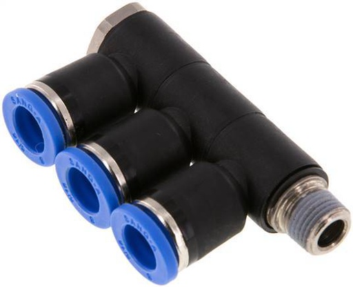 [F258J] 8mm x R1/8'' 3-way Manifold Push-in Fitting with Male Threads Brass/PA 66 NBR Rotatable
