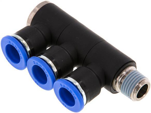 [F258P] 10mm x R1/4'' Manifold à 3 voies avec filetage mâle Laiton/PA 66 NBR Rotatif