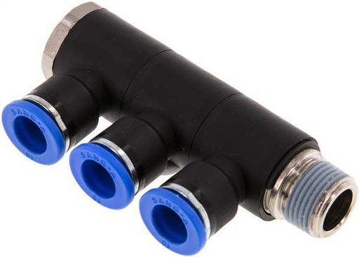 [F258T] 10mm x R3/8'' Manifold à 3 voies avec filetage mâle Laiton/PA 66 NBR Rotatif