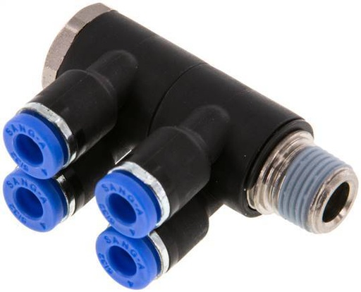 [F259F] 4mm x R1/8'' 4-way Manifold Messing/PA 66 Insteekfitting Buitendraad Draaibaar NBR