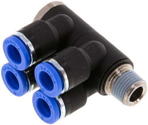 [F259G] 6mm x R1/8'' Manifold à 4 voies avec filetage mâle Laiton/PA 66 NBR Rotatif
