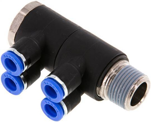 [F259Q] 6mm x R3/8'' Manifold à 4 voies avec filetage mâle Laiton/PA 66 NBR Rotatif