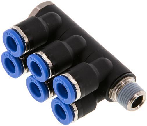 [F25AF] Racor rápido de 6 mm x R1/8'' de 6 vías con rosca macho Latón/PA 66 NBR Giratorio