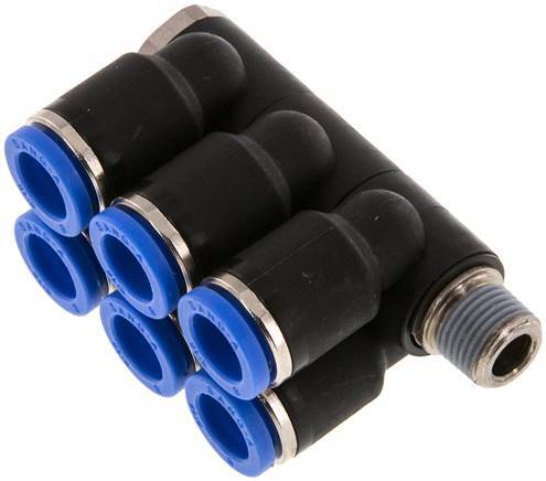 [F25AG] 8mm x R1/8'' 6-way Manifold Push-in Fitting with Male Threads Brass/PA 66 NBR Rotatable