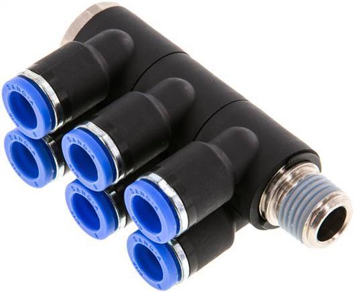 [F25AK] 8mm x R1/4'' Manifold à 6 voies avec filetage mâle Laiton/PA 66 NBR Rotatif