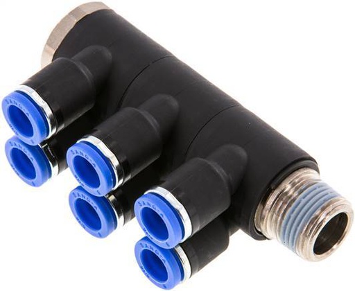 [F25AQ] 8mm x R3/8'' Manifold à 6 voies avec filetage mâle Laiton/PA 66 NBR Rotatif