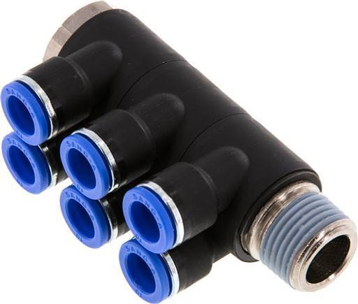 [F25AU] 10mm x R1/2'' Manifold à 6 voies avec filetage mâle Laiton/PA 66 NBR Rotatif