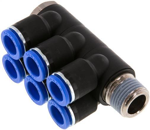 [F25AV] 12mm x R1/2'' 6-way Manifold Push-in Fitting with Male Threads Brass/PA 66 NBR Rotatable