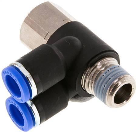 [F25CJ] raccord enfichable double coude 90° 8mm x R1/4'' avec filetage mâle-femelle laiton/PA 66 NBR rotatif