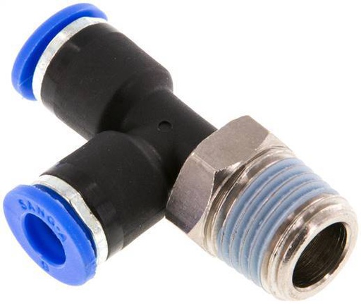 [F25G9] Racor en T en ángulo recto de 6mm x R1/4'' con rosca macho Latón/PA 66 NBR Giratorio