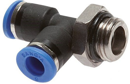[F25GQ] Té à angle droit 3mm x M 3 Raccord enfichable à filetage mâle Acier/PA 66 NBR Rotatif