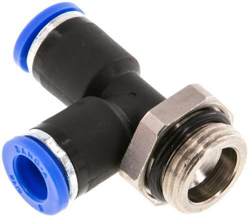 [F25H7] 8mm x G3/8'' rechtwinkliges T-Stück Steckverschraubung mit Außengewinde Messing/PA 66 NBR drehbar