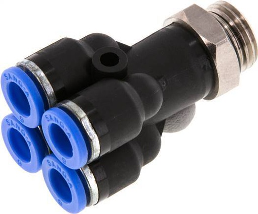 [F25K5] 6mm X G1/4'' Conector Y De 4 Vías Push-In Con Rosca Macho Latón/PA 66 NBR Giratorio