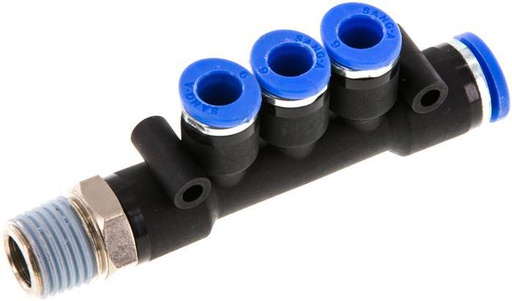 [F25K9] 6mm x 8mm x R1/4'' Manifold à 3 voies avec filetage mâle Laiton/PA 66 NBR Rotatif