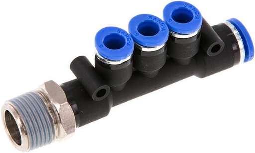 [F25KA] 6mm x 8mm x R3/8'' Manifold à 3 voies avec filetage mâle Laiton/PA 66 NBR Rotatif