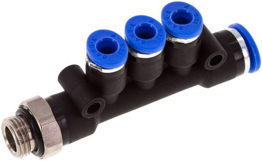 [F25KC] 4mm x 6mm x G1/8'' Manifold à 3 voies avec filetage mâle Laiton/PA 66 NBR Rotatif