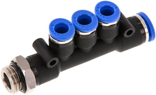 [F25KF] 6mm x 8mm x G1/4'' Manifold à 3 voies avec filetage mâle Laiton/PA 66 NBR Rotatif
