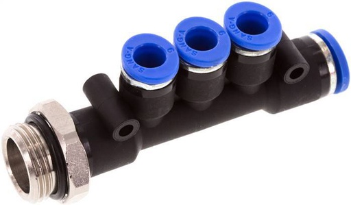 [F25KG] 6mm x 8mm x G3/8'' Manifold à 3 voies avec filetage mâle Laiton/PA 66 NBR Rotatif